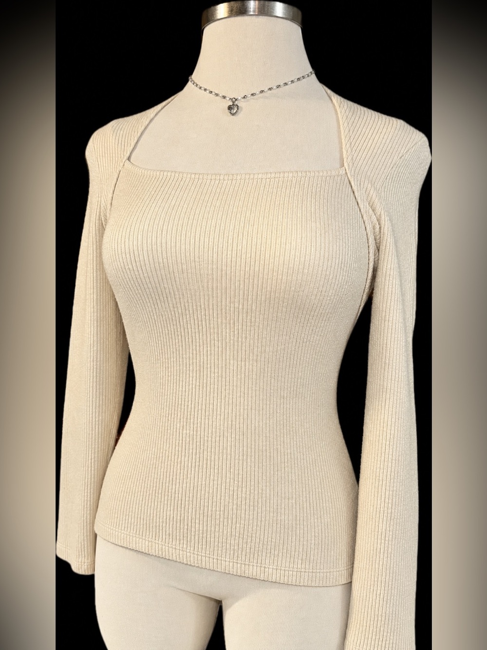 Anthropologie Cream Ribbed Square-Neck Women's Sweater size Medium